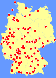 A map of Germany showing the locations from which rewboss has received items for his noticeboard