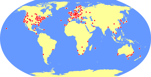 A map of the world showing the locations from which rewboss has received items for his noticeboard